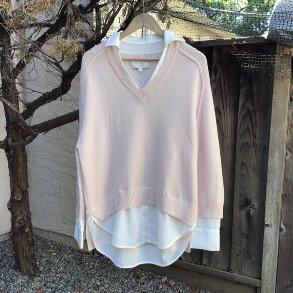 Brochu Walker cashmere sweater women’s medium collared underlayer pink white - Picture 1 of 7